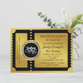 Masquerade Party Golden Ticket Birthday Party Invitation (Standing Front)