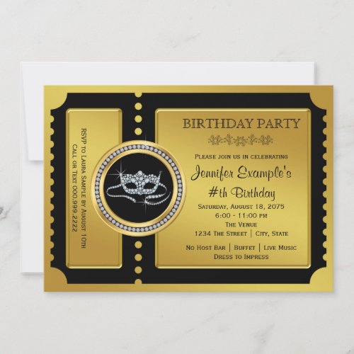 Masquerade Party Golden Ticket Birthday Party Invitation