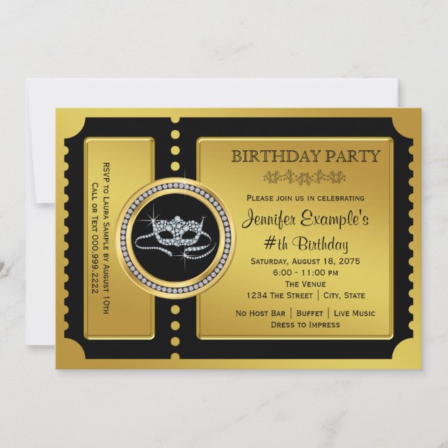 Masquerade Party Golden Ticket Birthday Party Invitation (Front)