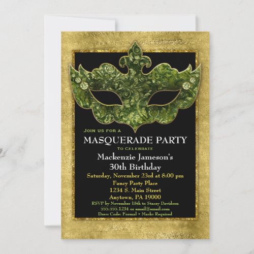 Masquerade Party Invitation Gold Green Birthday
