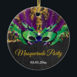 Masquerade Party Magical Night Green Purple Gold Ceramic Ornament<br><div class="desc">Masquerade Party Magical Night Green Purple Gold. Mask Birthday Party. Mardi Gras. Green,  Purple and Gold Glitter Feather Peacock. Sweet 16 Sixteen. Chalkboard Background. Any Ages. For further customization,  please click the "Customize it" button and use our design tool to modify this template</div>