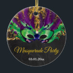 Masquerade Party Magical Night Green Purple Gold Ceramic Ornament<br><div class="desc">Masquerade Party Magical Night Green Purple Gold. Mask Birthday Party. Mardi Gras. Green,  Purple and Gold Glitter Feather Peacock. Sweet 16 Sixteen. Chalkboard Background. Any Ages. For further customization,  please click the "Customize it" button and use our design tool to modify this template</div>