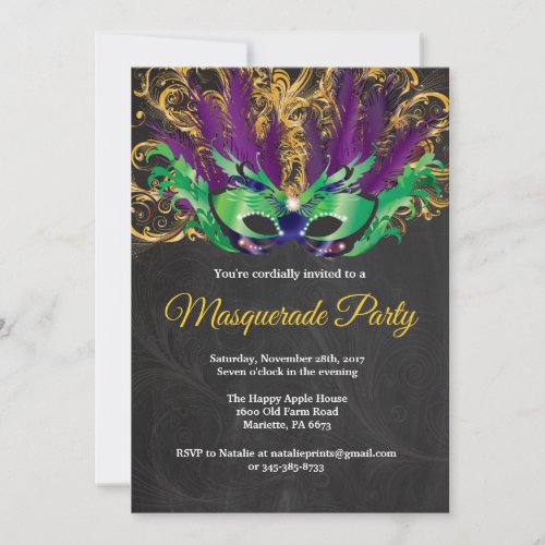 Masquerade Party Magical Night Green Purple Gold Invitation