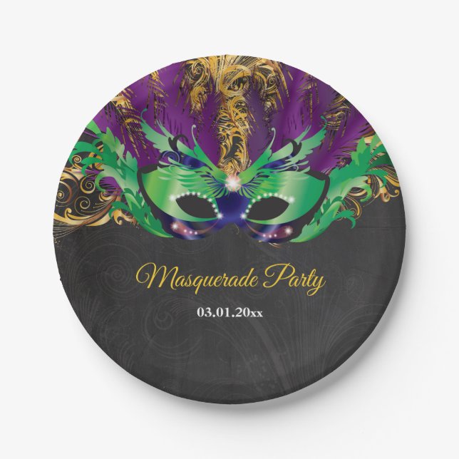 Masquerade Party Magical Night Green Purple Gold Paper Plates (Front)