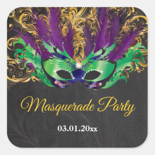 Masquerade Party Magical Night Green Purple Gold Square Sticker