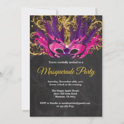 Masquerade Party Magical Night Pink Purple Gold Invitation