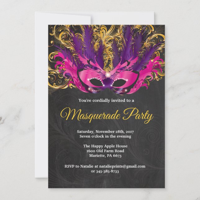 Masquerade Party Magical Night Pink Purple Gold Invitation (Front)