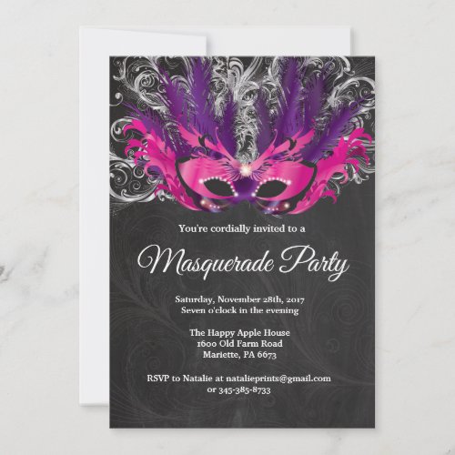 Masquerade Party Magical Night Pink Purple Silver Invitation