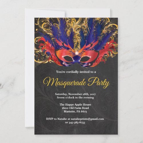 Masquerade Party Magical Night Red Gold Blue Invitation