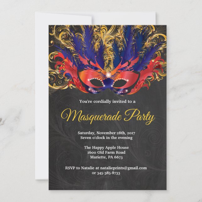 Masquerade Party Magical Night Red Gold Blue Invitation (Front)