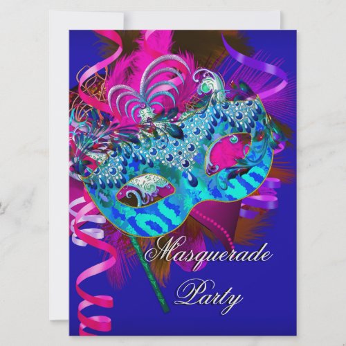 Masquerade Party Mask Blue Teal Pink Metallic Invitation