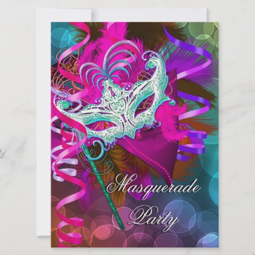 Masquerade Party Mask Teal Pink Metallic 2 Invitation