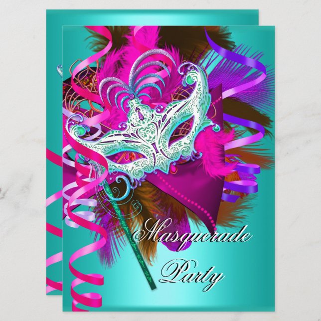 Masquerade Party Mask Teal Pink Metallic Invitation (Front/Back)