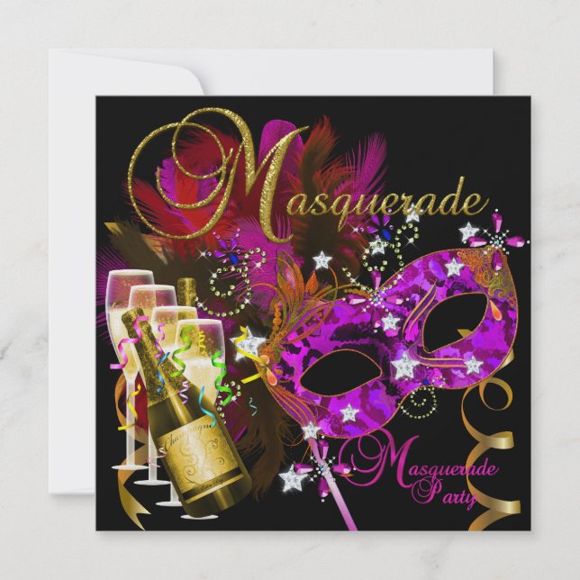 Masquerade Party Masks Black Gold Pink Invitation (Front)