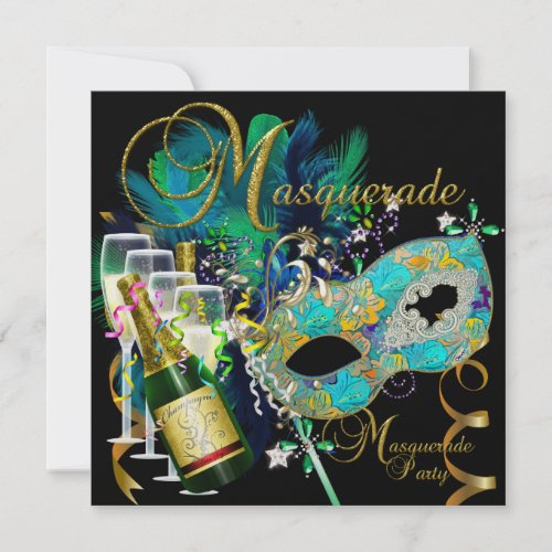 Masquerade Party Masks Black Gold Teal Invitation