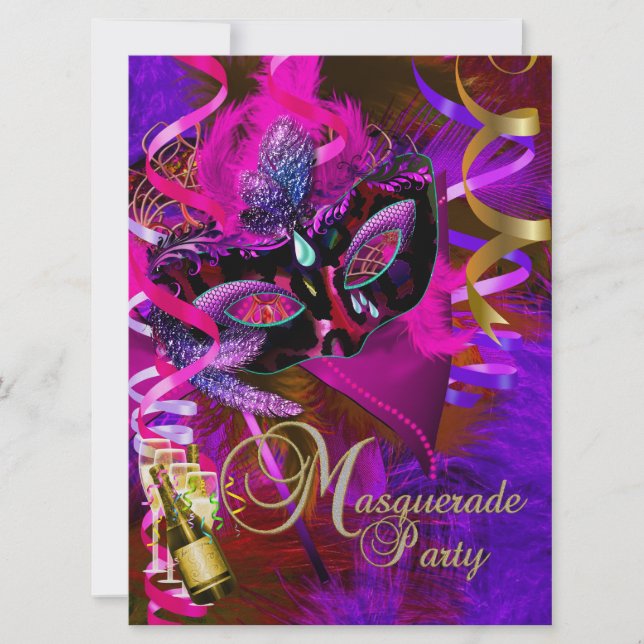 Masquerade Party Masks Champagne Metallic Invitation (Front)