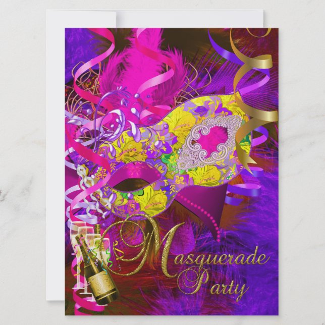 Masquerade Party Masks Champagne Yellow Invitation (Front)