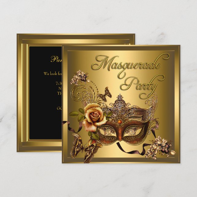 Masquerade Party Masks Gold Black Birthday Invitation (Front/Back)