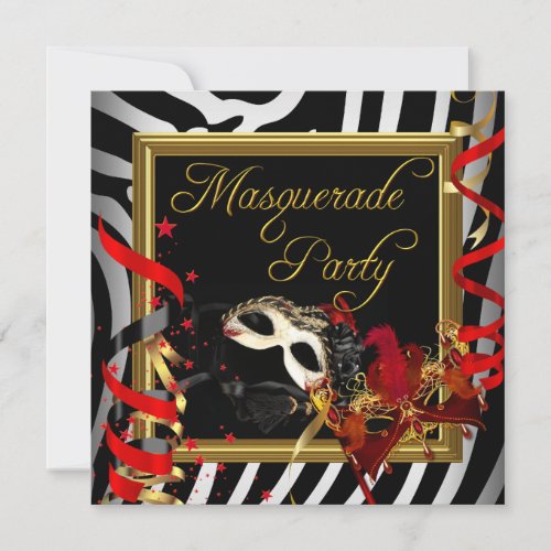 Masquerade Party Masks Gold Zebra Red Black Invitation