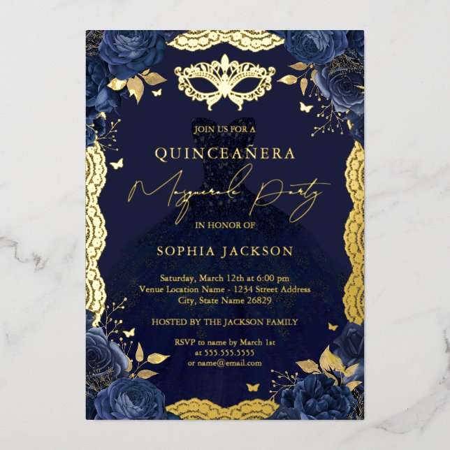 Masquerade Party Navy Floral Dress Quinceanera Foi Foil Invitation (Front)