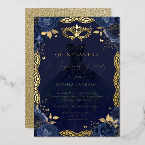 Masquerade Party Navy Floral Dress Quinceanera Foil Invitation