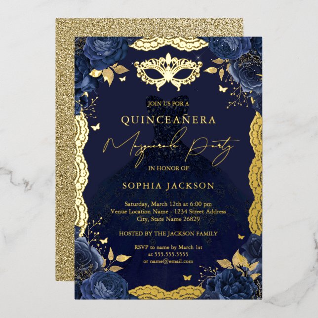 Masquerade Party Navy Floral Dress Quinceanera Foil Invitation (Front/Back)