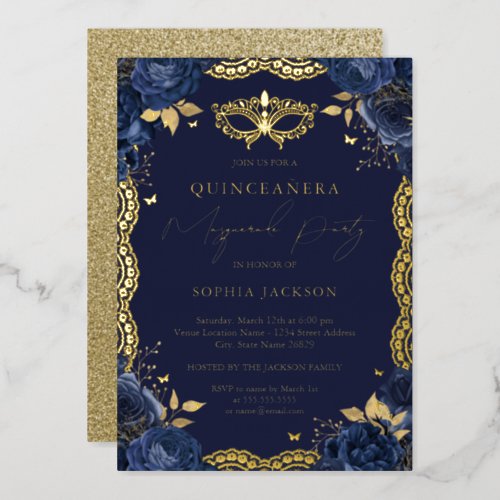 Masquerade Party Navy Floral Lace Quinceanera Foil Invitation