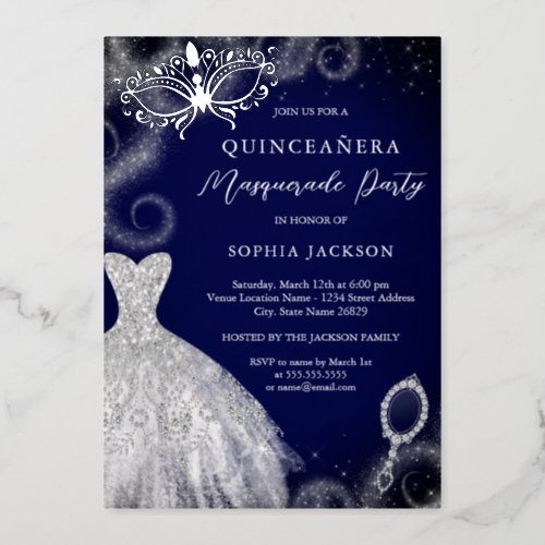Masquerade Party Navy Silver Dress Quinceanera  Foil Invitation