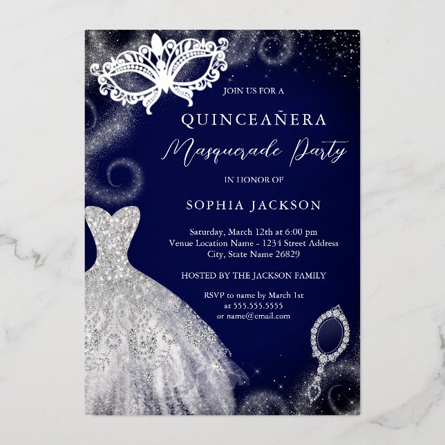 Masquerade Party Navy Silver Dress Quinceanera  Foil Invitation (Front)