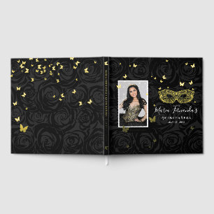 Masquerade Party Photo Real Gold Foil Black Quince Guest Book