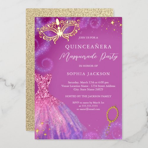 Masquerade Party Pink Purple Dress Quinceanera  Foil Invitation