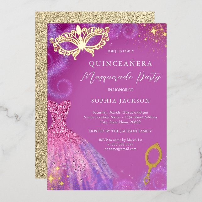 Masquerade Party Pink Purple Dress Quinceanera  Foil Invitation (Front/Back)