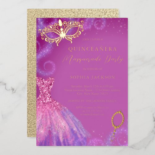 Masquerade Party Pink Purple Dress Quinceanera  Foil Invitation