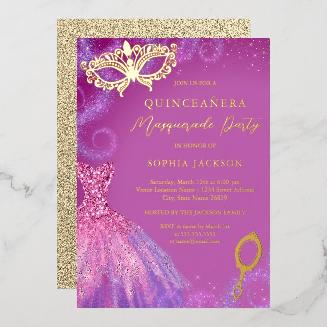 Masquerade Party Pink Purple Dress Quinceanera  Foil Invitation (Front/Back)