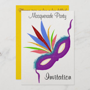 Masquerade Party Purple Feathered Mask Invitation