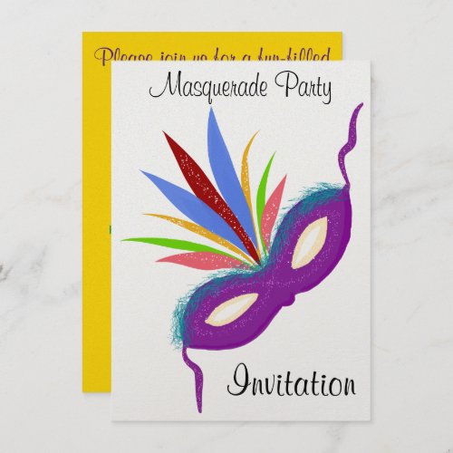 Masquerade Party Purple Feathered Mask Invitation