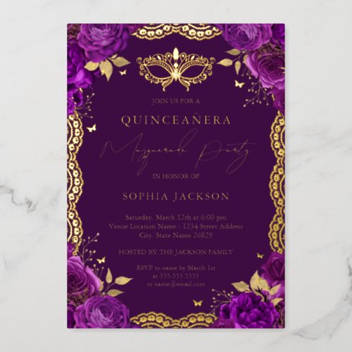 Masquerade Party Purple Floral Lace Quinceanera  Foil Invitation