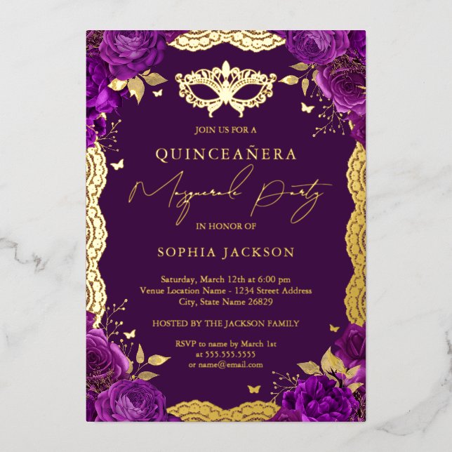Masquerade Party Purple Floral Lace Quinceanera  Foil Invitation (Front)