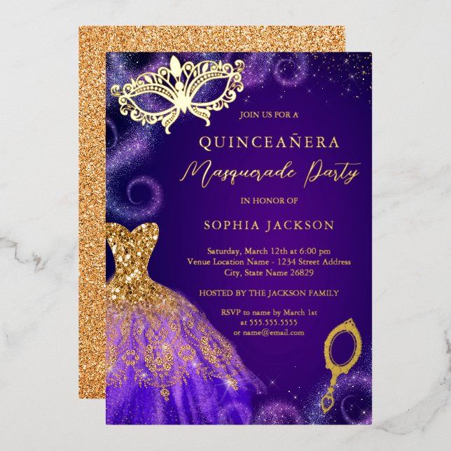 Masquerade Party Purple Gold Dress Quinceanera   Foil Invitation (Front/Back)