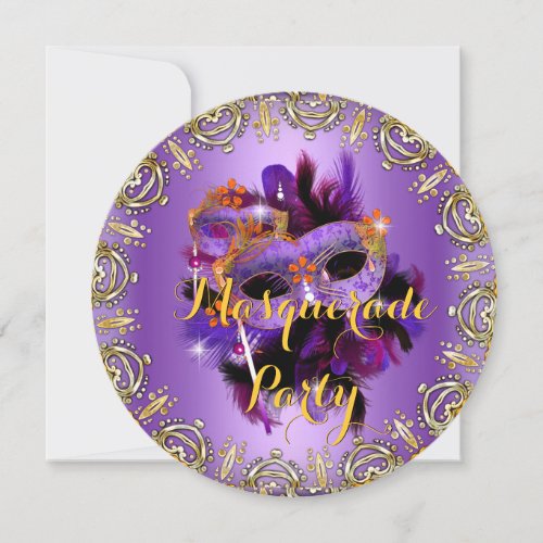 Masquerade Party Purple Mask Orange Gold Silver 2 Invitation