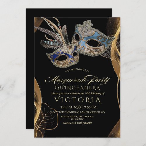 Masquerade Party Quinceaera Black  Gold Birthday Invitation