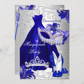 Masquerade Party Quinceanera Blue Silver Dress Invitation