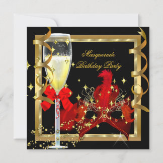 Masquerade Party Red Gold Mask Champagne Invitation