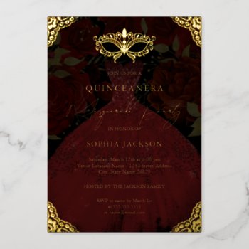 Masquerade Party Red Gold Mask Dress Quinceanera Foil Invitation by LittleBayleigh at Zazzle