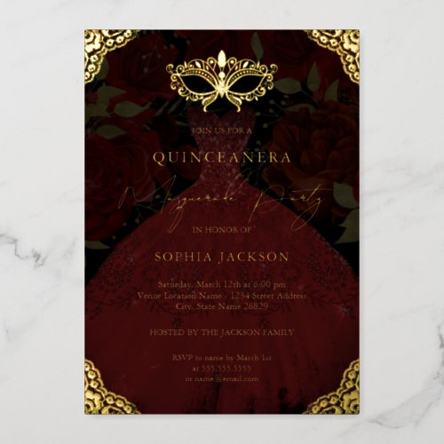 Masquerade Party Red Gold Mask Dress Quinceanera Foil Invitation
