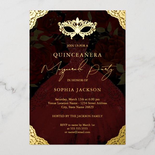 Masquerade Party Red Gold Mask Dress Quinceanera Foil Invitation (Front)