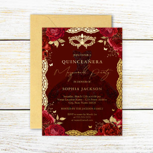 Masquerade Party Red Gold Rose Dress Quinceanera Foil Invitation