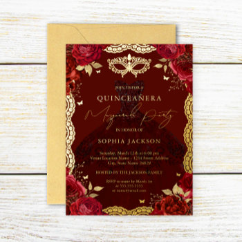 Masquerade Party Red Gold Rose Dress Quinceanera Foil Invitation by LittleBayleigh at Zazzle
