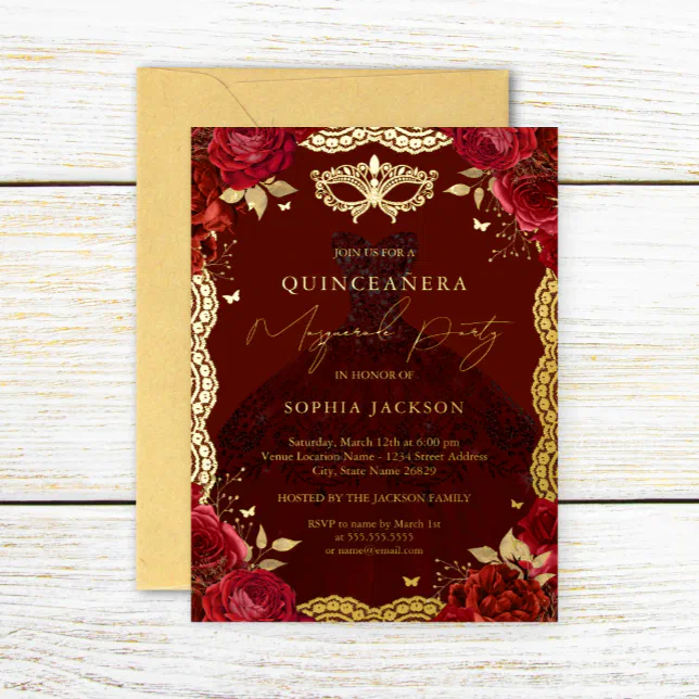 Masquerade Party Red Gold Rose Dress Quinceanera Foil Invitation | Zazzle