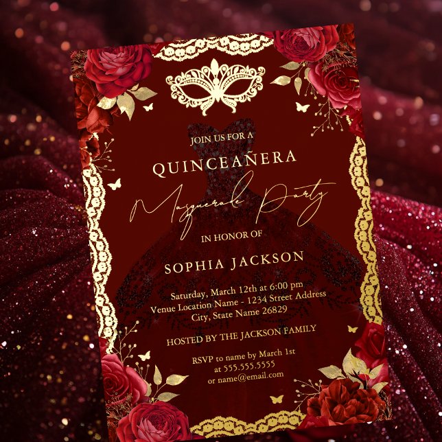 Masquerade Party Red Gold Rose Gown Quinceanera Foil Invitation (Creator Uploaded)
